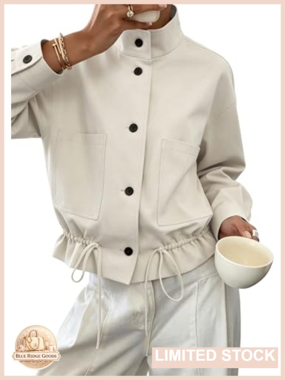 Women's Funnel Neck Cropped Jacket Ruffle Hem Casual Lightweight